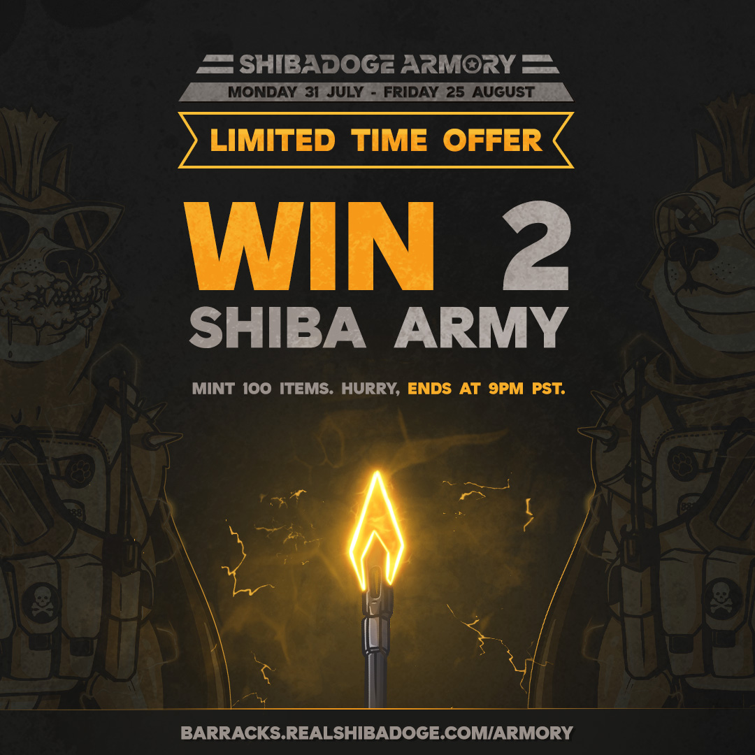 RealShibaDoge's tweet photo. Peter's feeling generous! 😌

First 5 people that mint 100 items before 9pm PST will win 2 unrevealed #Shiba Army #NFTs!

Any of those unrevealed #ShibaArmy could be the #VitalikButerin 1:1 worth $100K in #ShibaDoge tokens!

Hurry, time is not on your side. 😬 https://t.co/Lf3nQkENBu