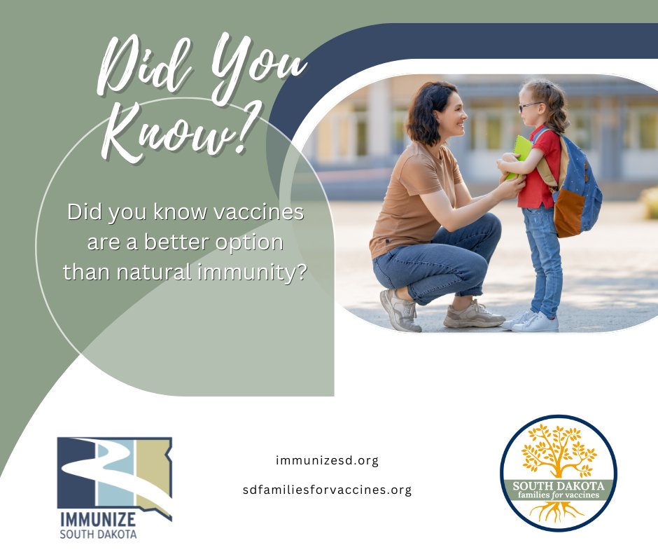ImmunizeSD's tweet image. Did you know vaccines are a better option than natural immunity? Vaccines allow you to build immunity without the damaging effects that the diseases can have. The cost of immunity through natural infection could be vastly hazardous to your health.

#VaxYourFam #Vaccines #WhyIVax