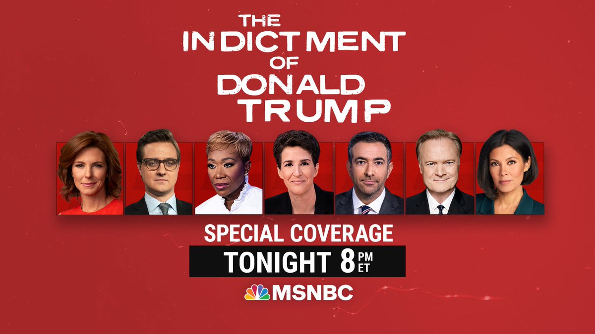 TONIGHT: @maddow leads special coverage of the indictment of former President Trump in special counsel Jack Smith's 2020 election probe, joined by @chrislhayes, @JoyAnnReid, @Lawrence, @AriMelber, @alexwagner, and @SRuhle. Plus, @jrpsaki joins. Watch at 8pm ET on @MSNBC.