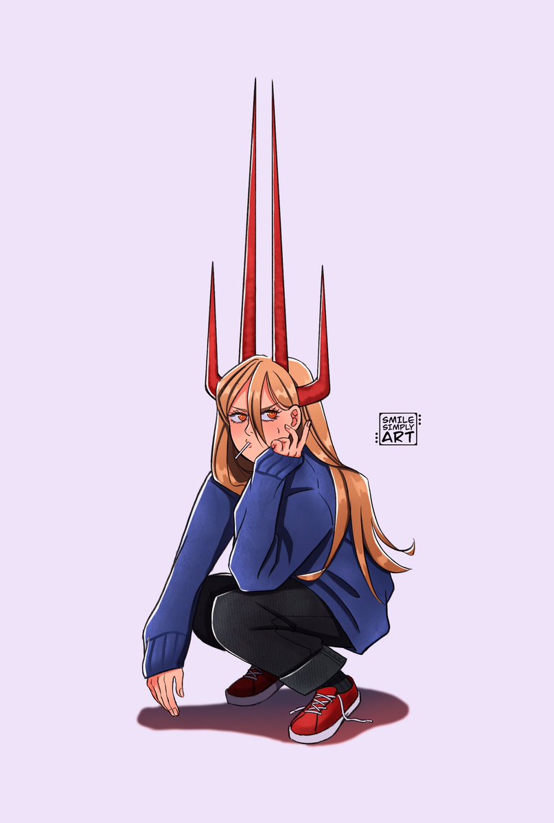 power (chainsaw man) 1girl horns solo red horns long hair simple background squatting  illustration images