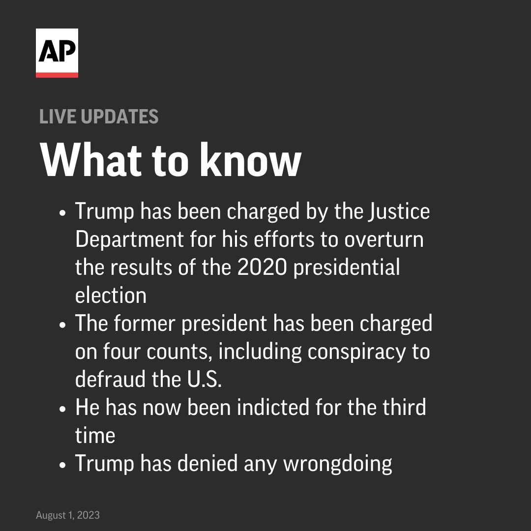 AP's tweet photo. Donald Trump was indicted Tuesday on four felony counts that accuse him of working to overturn the results of the 2020 presidential election in the run-up to the violent riot by his supporters at the U.S. Capitol. 

Follow @AP's live coverage here. https://t.co/MKuAKVZp8w https://t.co/QfJXlUa7Q6