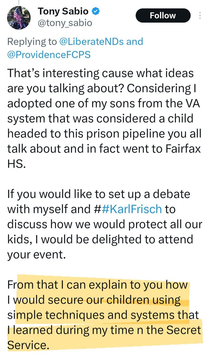 v_theclash's tweet photo. Tony Sabio advocates to restrain and seclude FCPS students by using secret service techniques to physically "secure our children."
His statements show he sees children as THREATS, not as children whose social, emotional, and educational needs should be met.
NO to #TeamSabio https://t.co/01BG6ajHtB
