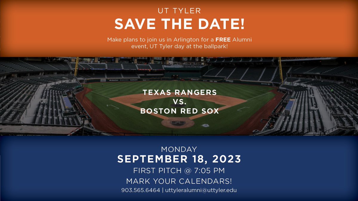 UTTylerAlumni's tweet image. Calling all DFW-area alumni!! SAVE THE DATE and join us in Arlington for a FREE @UTTyler Day at the Ballpark on Monday, September 18, 2023, with first pitch at 7:05 p.m. More details to come!! #UTTyler #Alumni #TexasRangers