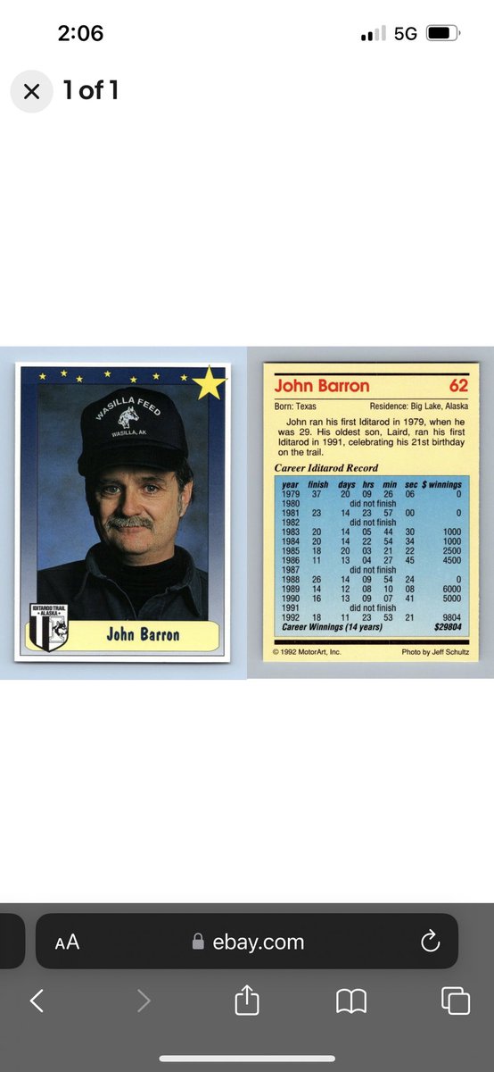 The 1992 MotorArt Iditarod Sled Dog Race trading card set (there was only the one year released) includes this particular card (#62 out of 110). I wonder if each pack included a piece of gum, or maybe caribou jerky? Maybe @LairdBarron knows. The school photo background is killer.