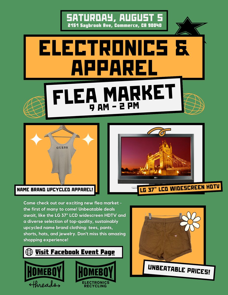Join us THIS Saturday, August 5th, from 9am - 2pm for the first-ever Homeboy Electronics &amp; Apparel Flea Market hosted by Homeboy Electronics Recycling and Homeboy Threads! 💻 👕

Learn more: hubs.ly/Q01ZJ5H70  

#HomeboyIndustries #SustainableShopping