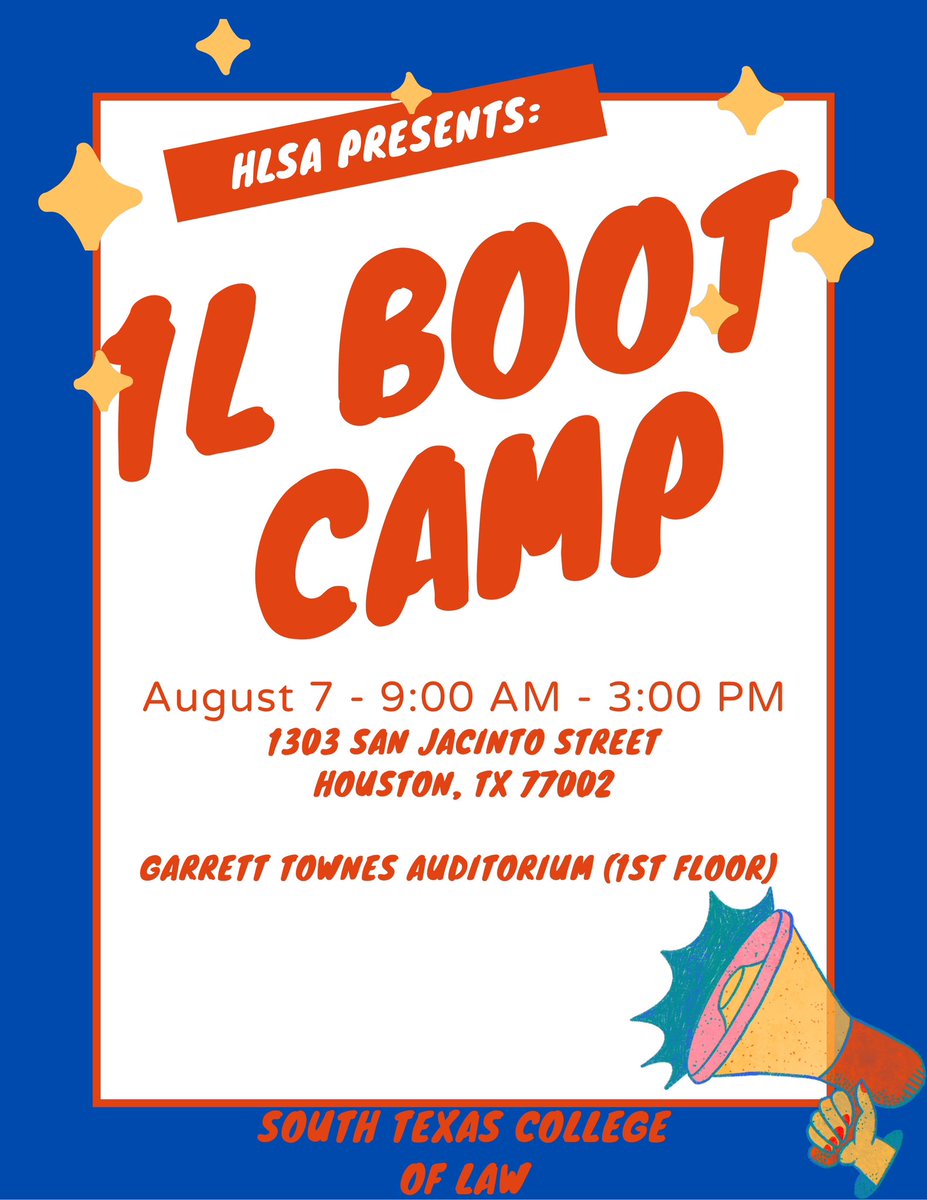 hlsa_stcl's tweet photo. Starting law school can be scary, but it doesn’t have to be with the help of HLSA! Join us at HLSA’s Pre-Orientation Bootcamp for all newly admitted students on August 7th! Stop by for helpful tips and tricks, new friends, lots of fun and feel ready to take on law school! https://t.co/fb3na3480h