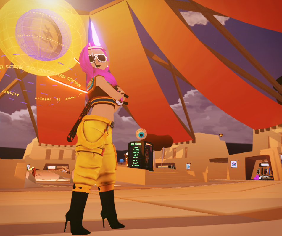 CanessaDCL's tweet photo. Just cruising through the @angzaar plaza, seeing if any tombs have been left unlocked 😎

Hair by: @Doki3D 
Top by: @NFT_World 
Bottoms by: @GolfcraftGame 
Swords by: @Bignastyeth 
Boots by: @Allies_Game 
Glasses by: @virtewel 
Mew by: @SinfulMeatStick 

All in the @decentraland #metaverse
