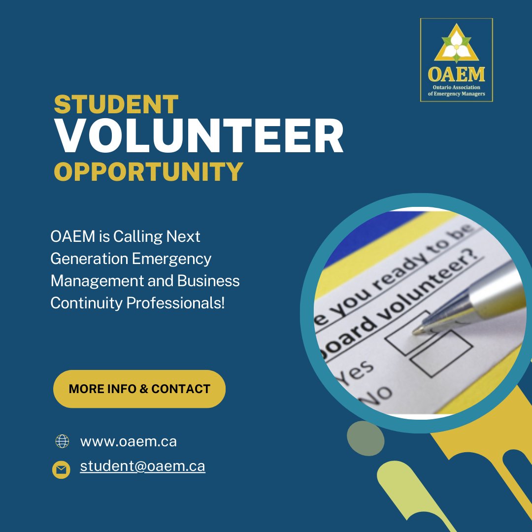 OAEM is seeking emerging emergency management and business continuity professionals to join the Student Subcommittee from September 2023 to June 2024.

👉Click this link for more information:
oaem.ca/join_the_oaem_…

#oaem #emergencymanagement #volunteer #student #ontario