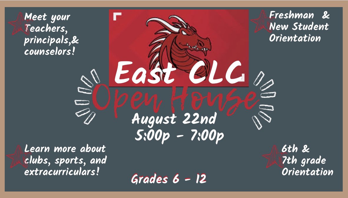 Join us on Tuesday, August 22nd from 5p-7p!! 

All grades welcome! 

6th, 7th, Freshman, and New Students will have a chance to learn about East and meet your teachers!
