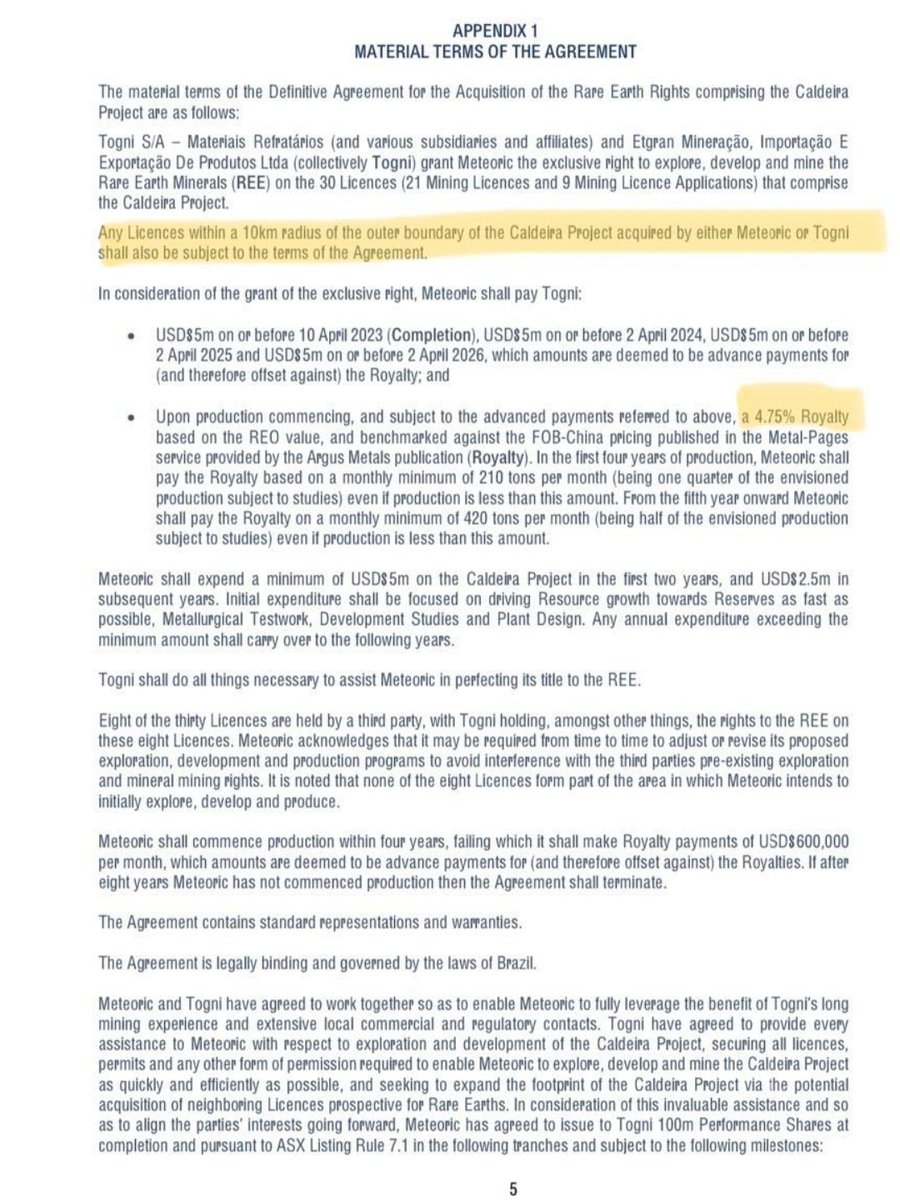 YellowStripeASX's tweet photo. $VMM 💥 #RareEarths💥#REE💥
Lots of people asking why the vendors of $VMM's Colossus Project didn't offer the project to $MEI?

As per the binding contract signed by $MEI for Caldeira with their vendors Togni, any project acquired within 10km of the Caldeira project areas automatically incurs a 4.75% royalty to Togni👇

This clearly explains why Varginha (Vendors for $VMM), didn't give the Colossus project to $MEI, because Varginha obviously would want to have the royalty from their project to themselves?