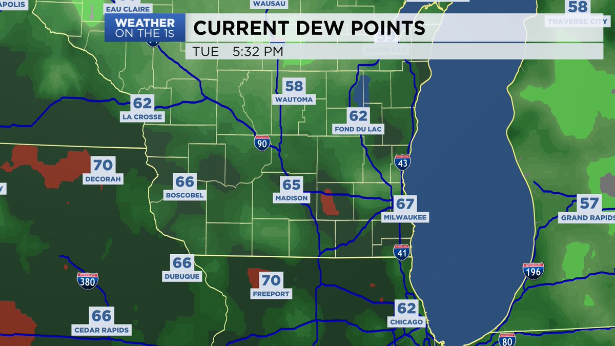 jdrudd's tweet photo. For the first time in a few days, higher dew points are creeping back into the state. Expect many areas to feel the thicker humidity tomorrow.
#SweatySummer
#wiwx https://t.co/ti7EAerBpr