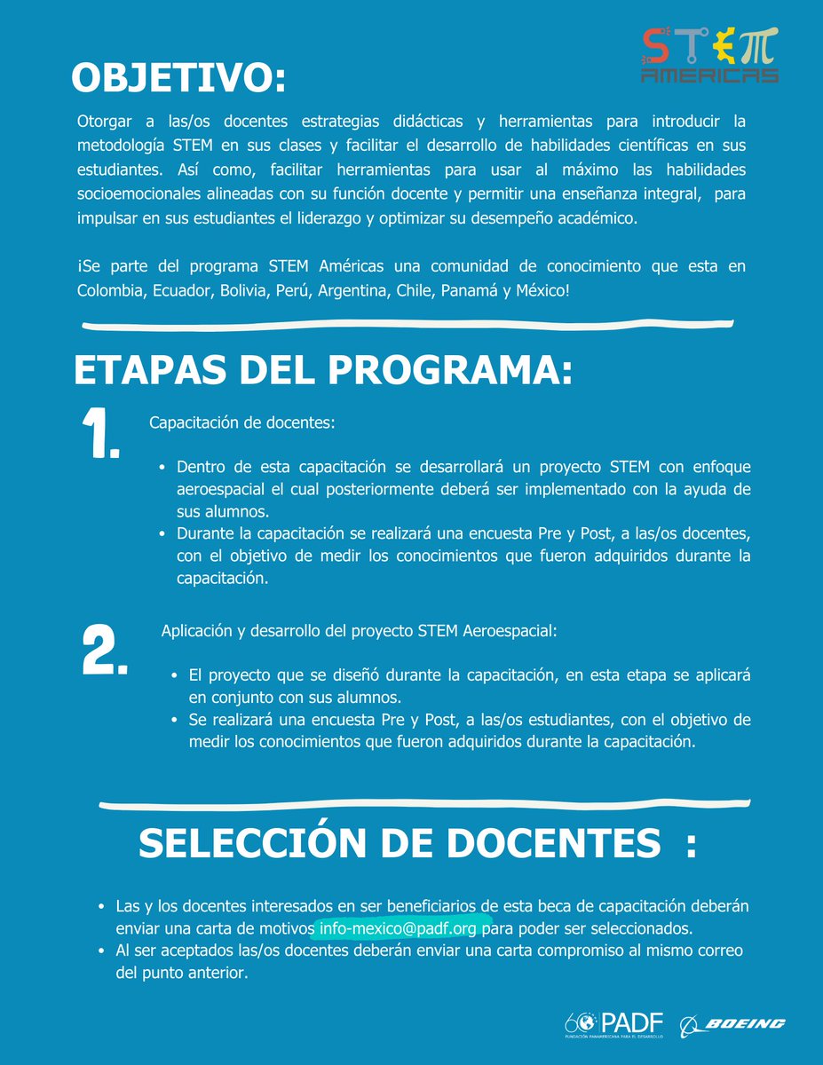 PADFMexico's tweet photo. 📢Maestras y maestros que experimentan y crean con la ciencia, aquellos que hacen del conocimiento científico algo divertido ¡este Curso #STEM en Acción es para uds! Totalmente en línea.
Aun quedan Becas del 100%
Checa las bases👇🏾
#STEMAmericas con @Boeing https://t.co/kykbDhcL7H