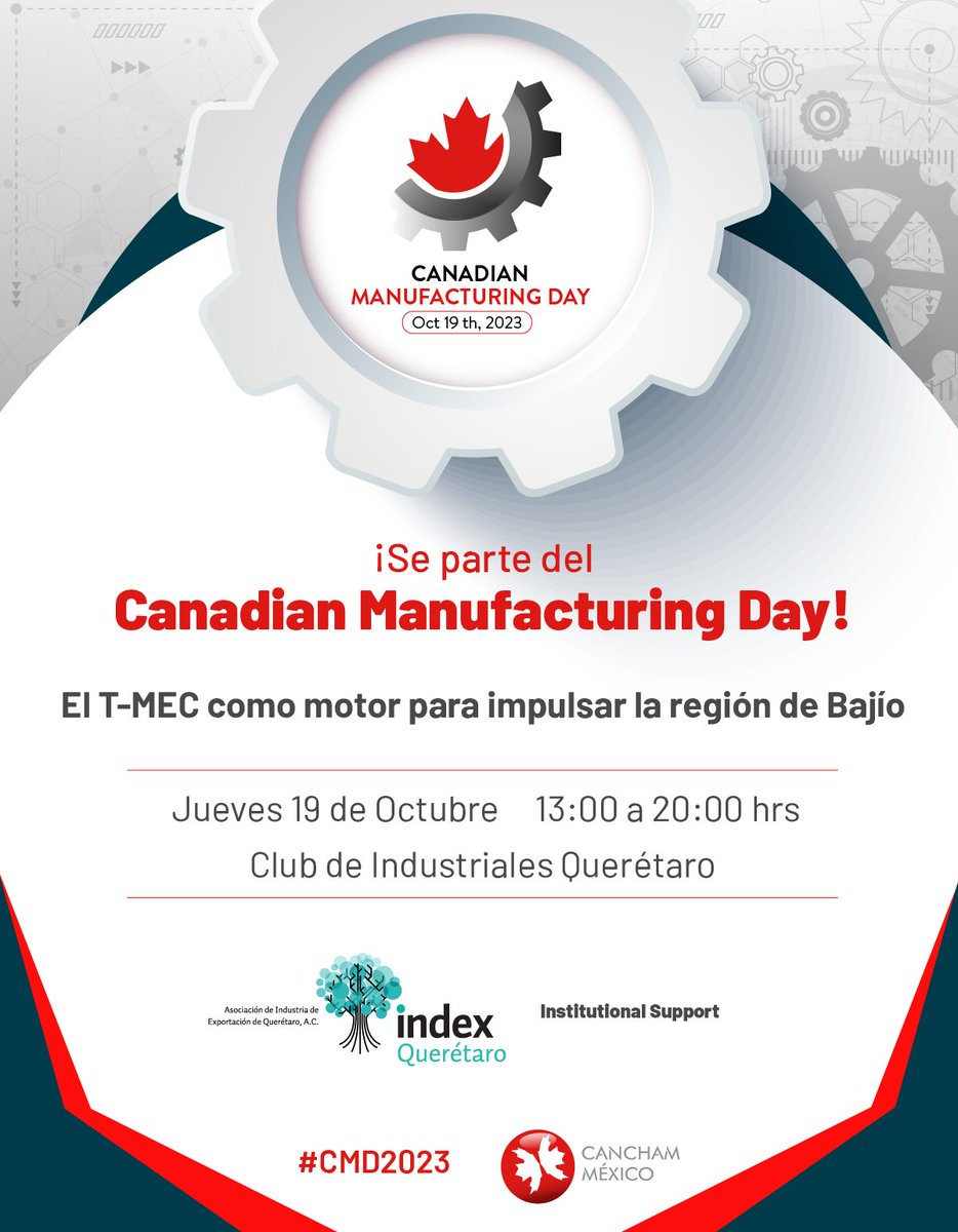 INDEX Querétaro y la Cámara de Comercio de Canadá en México, Capítulo Bajío te invitan a ser parte del evento Canadian Manufacturing Day
Regístrate aquí: docs.google.com/.../1FAIpQLScJ…
<a href="/CanChamMx/">CanChamMx</a>