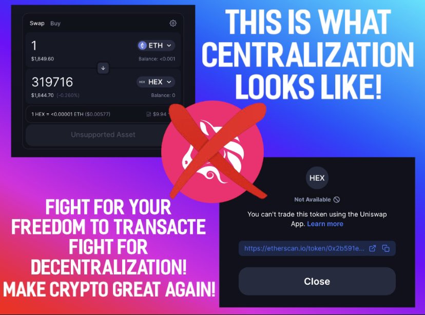 BREAKING NEWS: <a href="/Uniswap/">Uniswap Labs 🦄</a> BANS $HEX from being traded on its DEX!

This is what centralization looks like!

Uniswap is the opposite of decentralization!

Uniswap has employees, a HQ in Brooklyn, offices can be raided and governed! Uniswap passes the howey test! 

They are under the