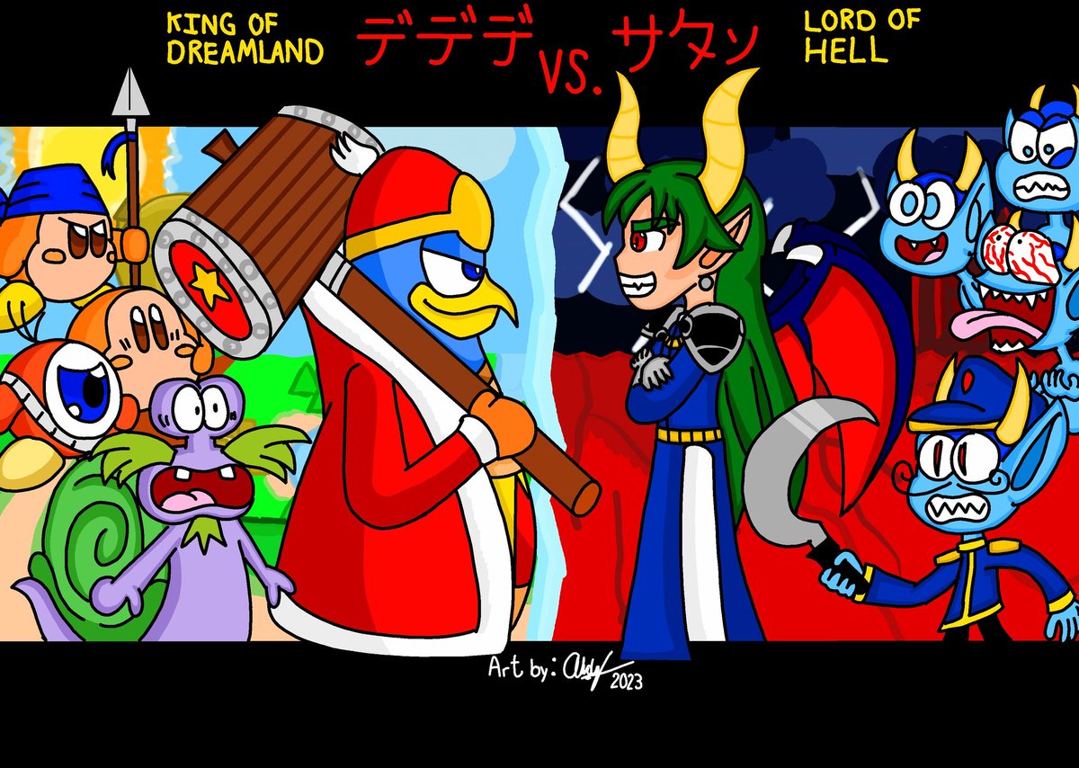 Dedede vs Satan
#Kirby #KingDedede #Puyopuyo #DarkPrince #VsBattle #Fanart #Digital #Drawing #Nintendo #HALLaboratory #Sega #Compile