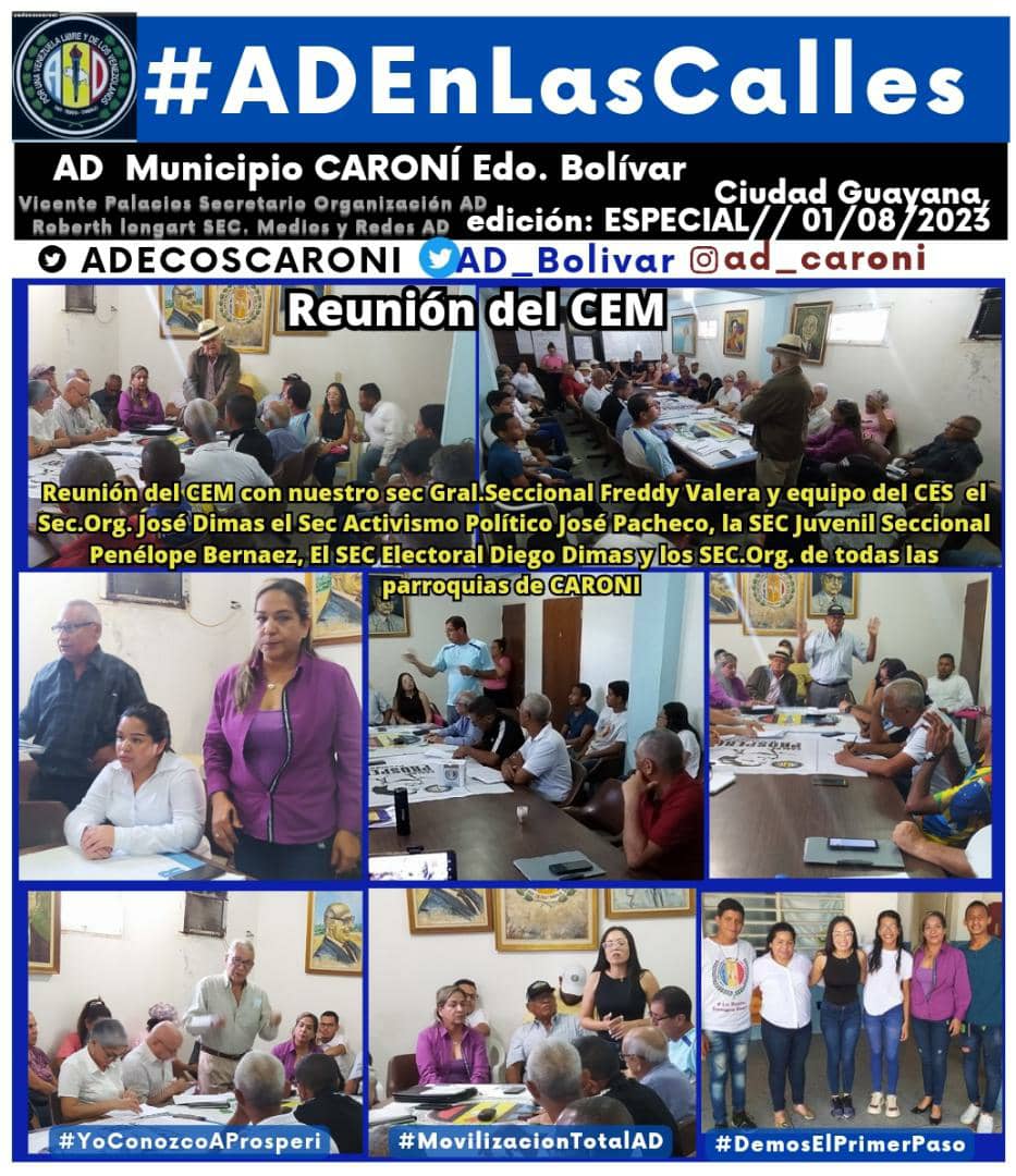 #1deAgosto  Reunión Ordinaria organizativa en el municipio #Caroni <a href="/AD_Bolivar/">Accion Democrática Bolívar</a> con presencia de memibros del CES y las máximas autoridades del Partido <a href="/FreddyValera_AD/">Freddy Valera</a> 
<a href="/aidagonzalez33/">Aída González</a> <a href="/JoseDim09279939/">Jose Dimas</a> bajando líneas para seguir creciendo. Vamos con 
<a href="/prospericarlos/">Carlos M. Prosperi</a> a ganar!!!