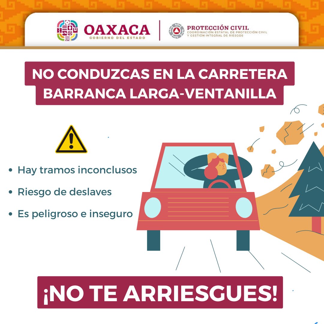 GobOax's tweet photo. En esta temporada de lluvias el riesgo de deslaves y atascamientos es alto, por ello, la @CEPCyGR_GobOax exhorta a automovilistas en general a evitar circular por la carretera Barranca Larga – Ventanilla.

La #CEPCyGR brinda atención ante posibles situaciones de riesgo y refrenda su compromiso de estar al servicio de la población.