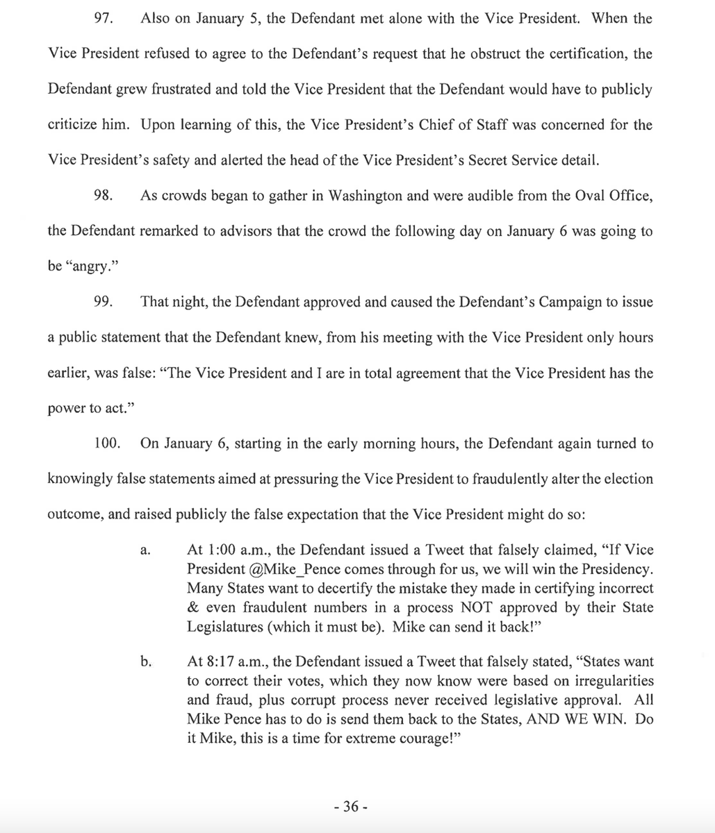 girlsreallyrule's tweet photo. Very salient accusation by Jack Smith in the Trump indictment, which explains how Donald Trump threatened Mike Pence and how his Chief of Staff had to warn Pence about security issues. p. 36 https://t.co/GotXKTCqjS https://t.co/qV4lmuHt6l