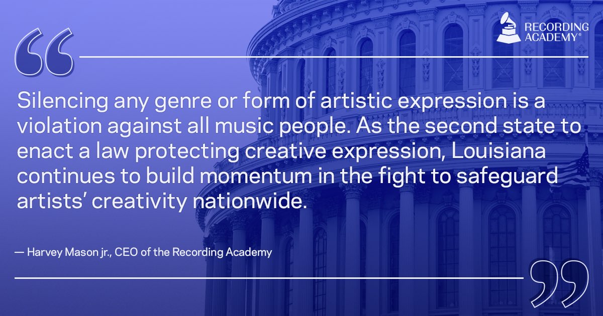 GRAMMYAdvocacy's tweet photo. "We extend our gratitude to Rep. Tanner Magee for his leadership on this issue and to Governor Edwards for recognizing the importance of protecting artistry and signing the Restoring Artistic Protection Act into law.” - Harvey Mason jr., CEO of the @RecordingAcad

➡️ Learn more: https://t.co/G2N5HWA5Of