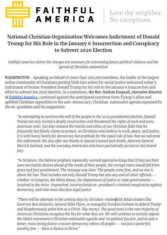 FaithfulAmerica's tweet photo. Statement from Faithful America on the third Trump indictment:

National Christian Organization Welcomes Indictment of Donald Trump for His Role in the January 6 Insurrection and Conspiracy to Subvert 2020 Election https://t.co/c0wDLwlu5U