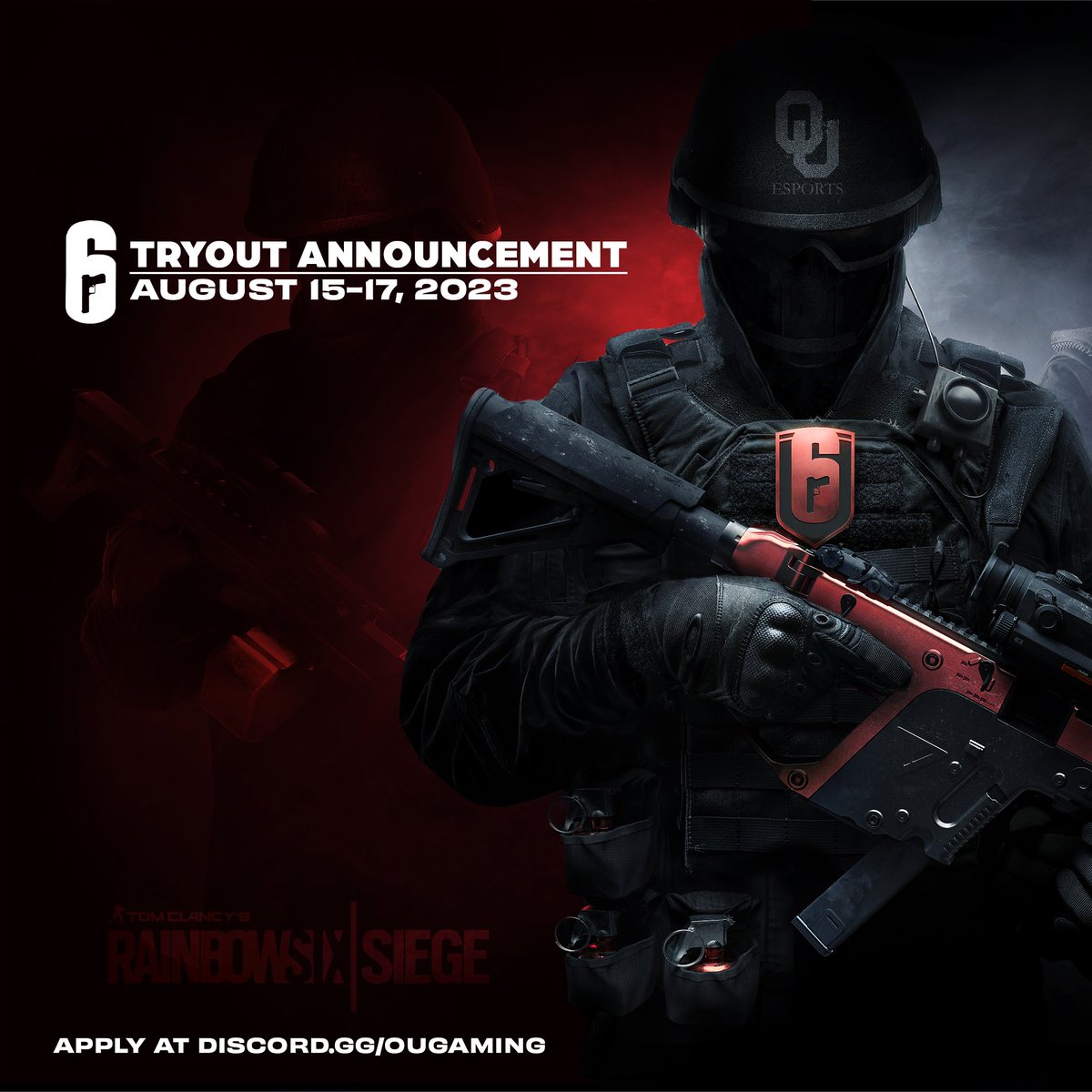 OUEsports's tweet photo. Continuing our intercollegiate esports tryout announcements with Rainbow Six!

Apply at https://t.co/NZyh5j330Z https://t.co/TGJzHyL38N