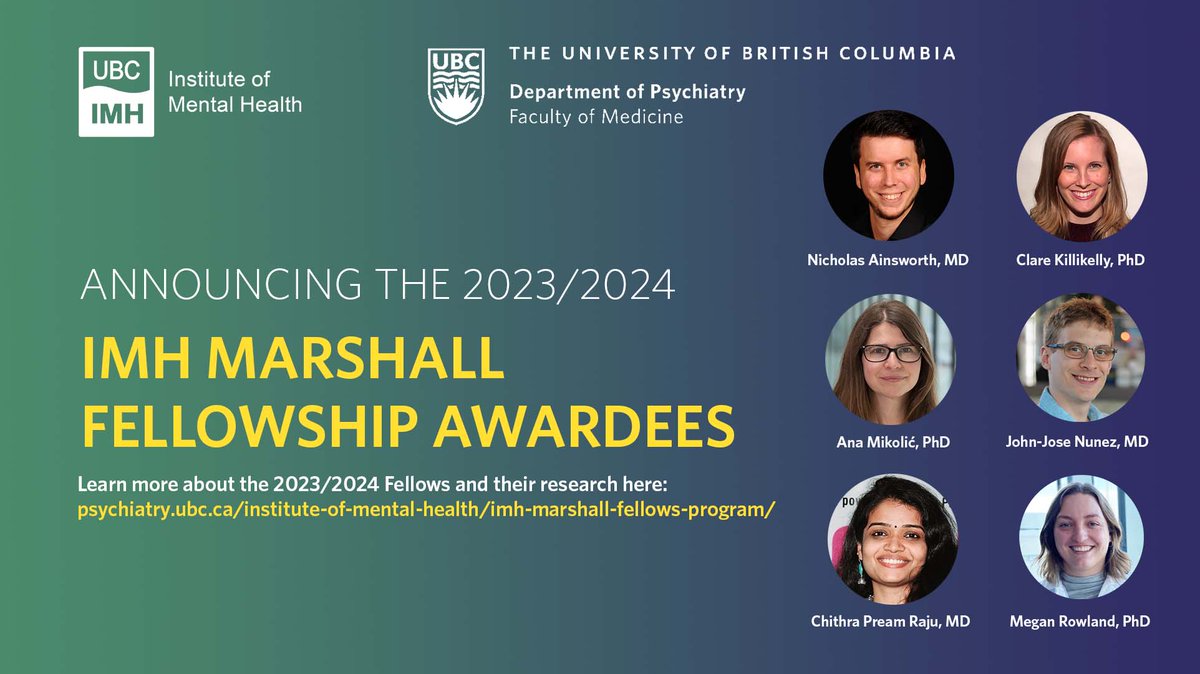 .<a href="/UBC_Psychiatry/">UBC Department of Psychiatry</a> &amp; the UBC Institute of Mental Health warmly congratulate the 23/24 recipients of the IMH Marshall Fellows Award!

Dr. Nick Ainsworth <a href="/hi_doctornick/">Nick Ainsworth</a> 
Dr. Clare Killikelly 
Dr. Ana Mikolić
Dr. John-Jose Nunez <a href="/johnjosenunez/">John-Jose Nunez</a>
Dr. Chithra Pream Raju
Dr. Megan Rowland