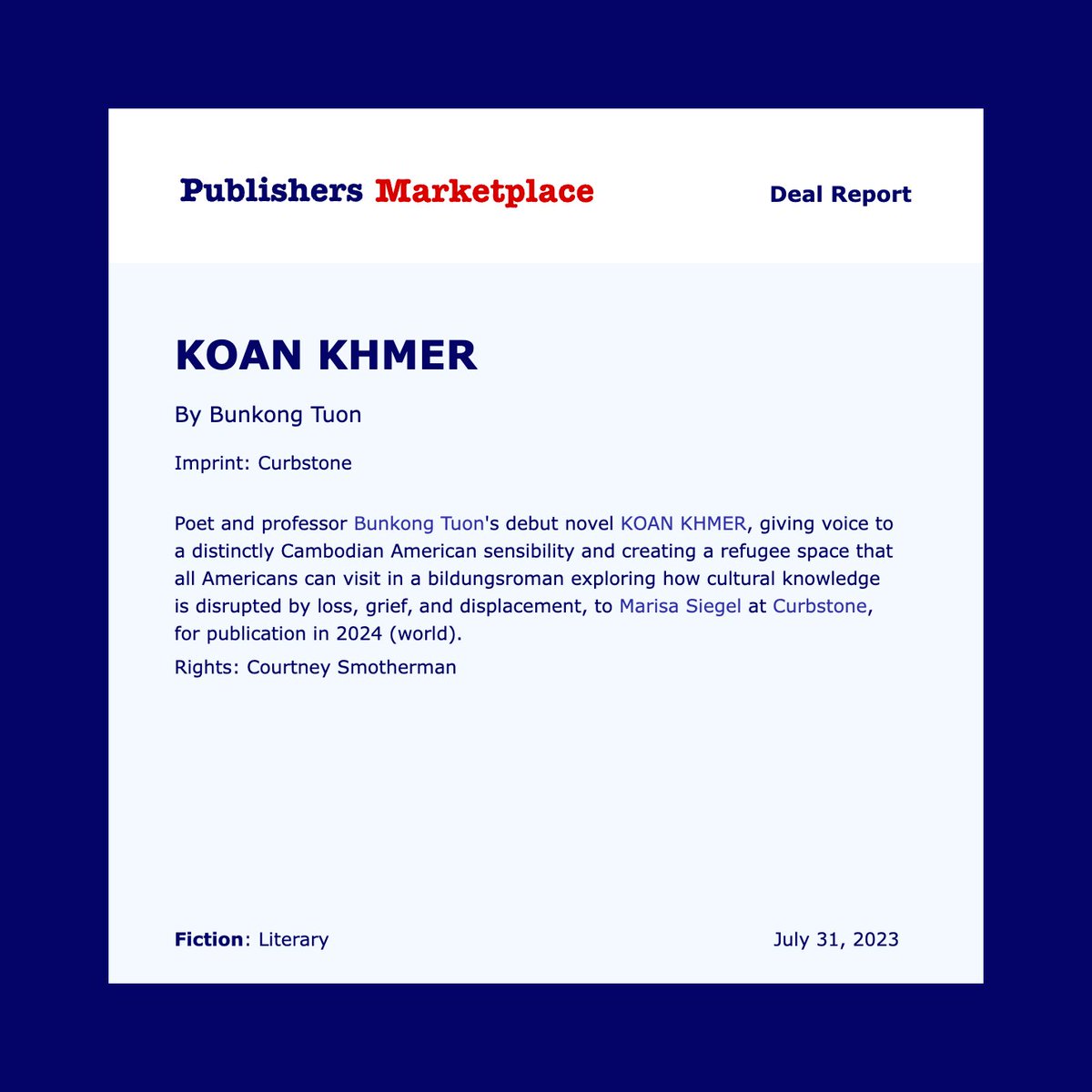Some exciting news: since the 1990s, when I was a college student, I always wanted to write a novel that focuses on the experiences of Cambodians in America—and not just those in Srok Khmer— a book written against the grain of the great American novel. (1/2)