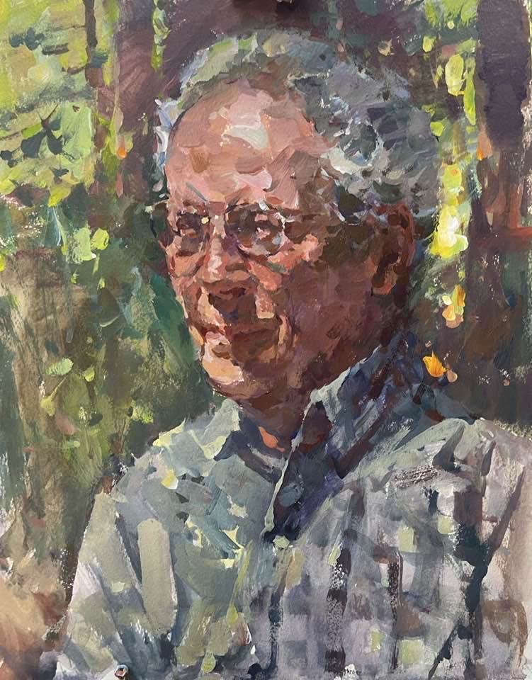 kmacphersonaa's tweet photo. A portrait painting from life of my friend “Luc” . So challenging painting in the forest. The light moves crazy! https://t.co/i3EwrHL1Gw