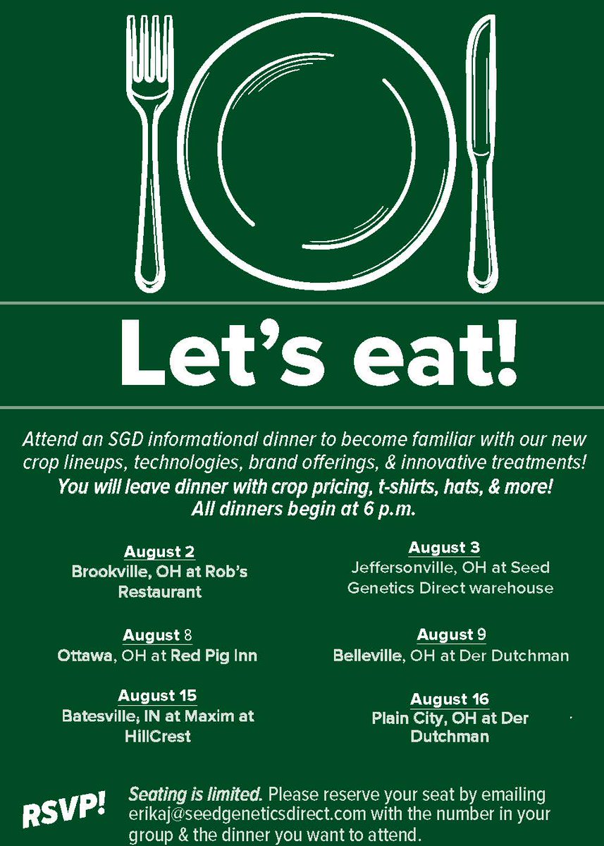 seedgenetics's tweet photo. Just a reminder: informational dinners start TOMORROW!  There's still time to RSVP! We think you will like the changes we announce! #SeedTweets https://t.co/gdCGWXUDgd