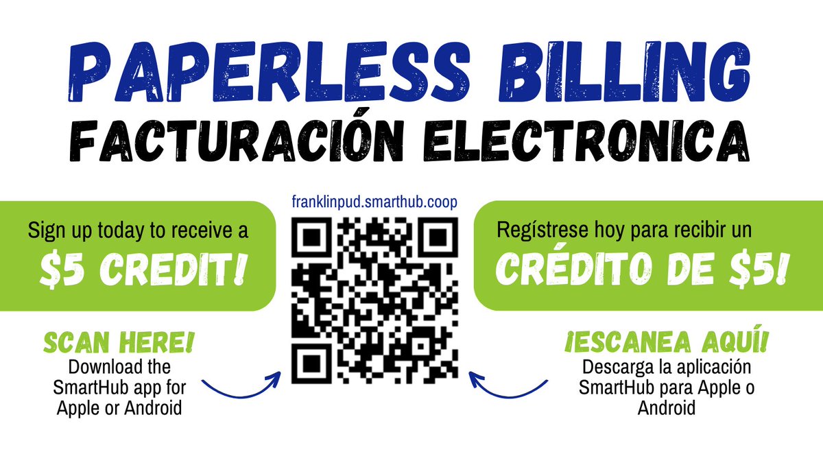 franklinpud's tweet image. Want a $5 CREDIT on your next utility bill? Sign up for paperless billing through SmartHub! Download the app for Apple or Android by scanning the QR code in the image below or visit franklinpud.smarthub.coop. #FranklinPUD #PaperlessBilling