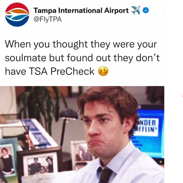 TSA's tweet photo. It’s tearin’ up our heart to say this on #GirlfriendDay but, no TSA PreCheck® = 🚩 Say Bye Bye Bye to anyone who'll slow you down. And if you’re the problem, get PreCheck. Trust us, it'll be all you’ve ever wanted… and all you’ve ever needed (yeahhh)🔗 https://t.co/vIZV2swuVL https://t.co/F79l7s5lH2