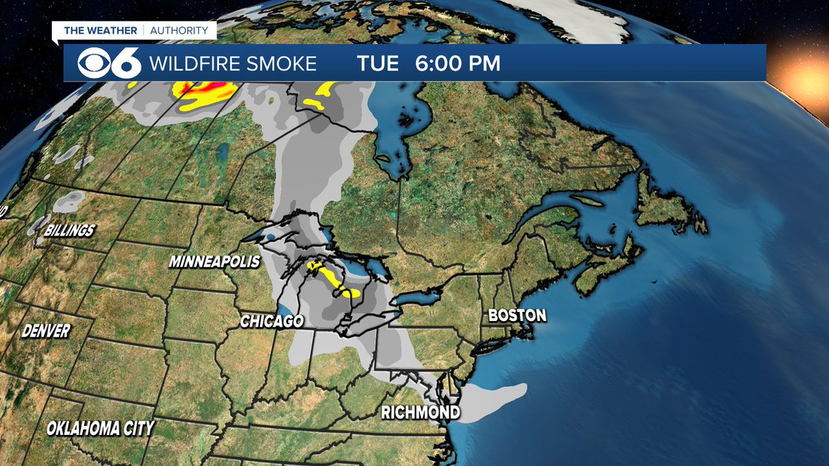 ZachDanielCBS6's tweet image. A narrow but fairly dense band of high-altitude Canadian wildfire smoke is resulting in hazy skies over central VA this evening.  Skies will gradually clear as the smoke shift east overnight.