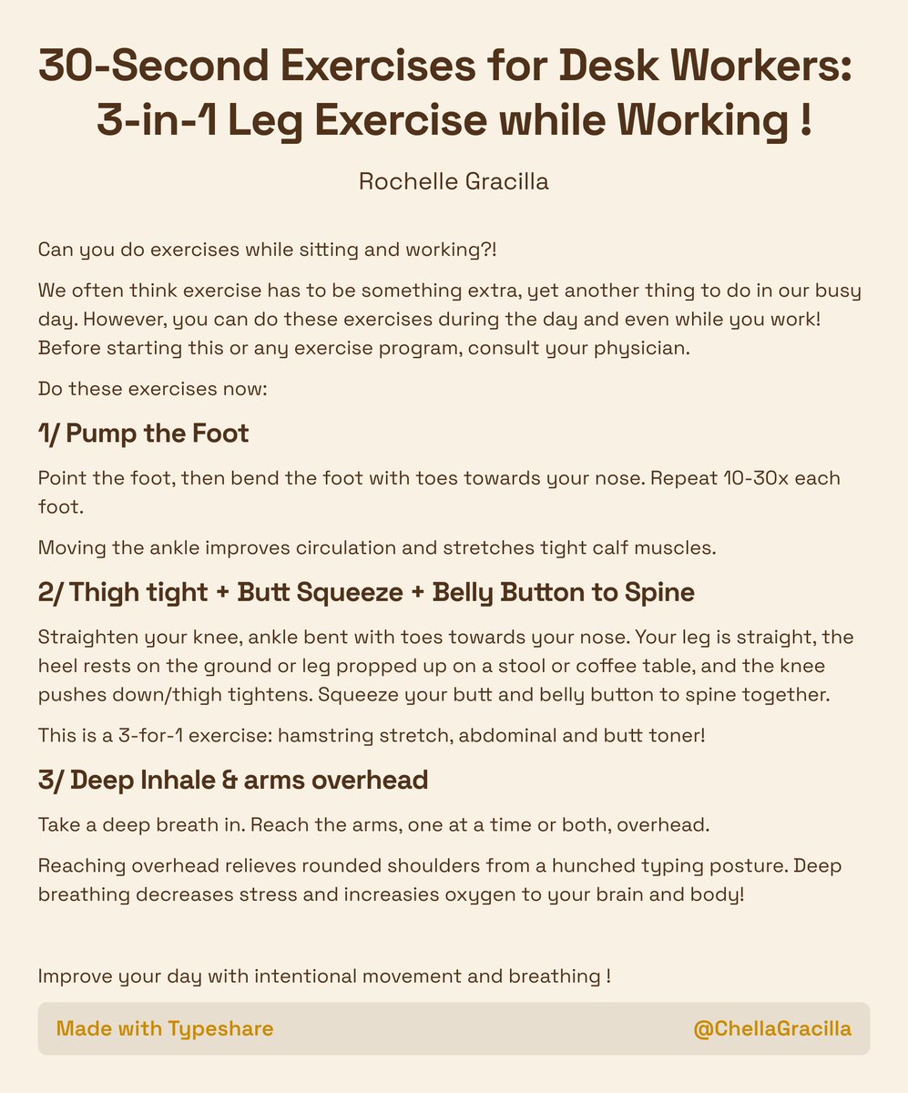 ChellaGracilla's tweet photo. Take a 30-Second break and give yourself the gift of feeling better!  Do these 3 great exercises a now!    #Ship30for30  #exercises  #Deskworkers https://t.co/b6EdzimoNW