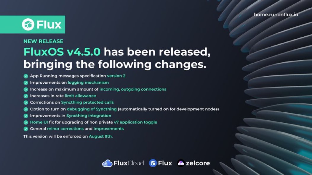 FluxPakistan's tweet image. FluxOS V4.5.0 جاری کر دیا گیا ہے! 🎉 نیچے دیے گئے لنک میں زبردست اپ ڈیٹس اور بہتری دیکھیں: 🔽
GitHub: github.com/RunOnFlux/flux…
⚙️ تمام نوڈ آپریٹرز کو کال کرنا! براہ کرم 9 اگست تک تمام سسٹم کو تصریحات کے مطابق اپ ڈیٹ کریں۔
#FluxCloud #FluxNodes #NodeOperators @RunOnFlux $Flux