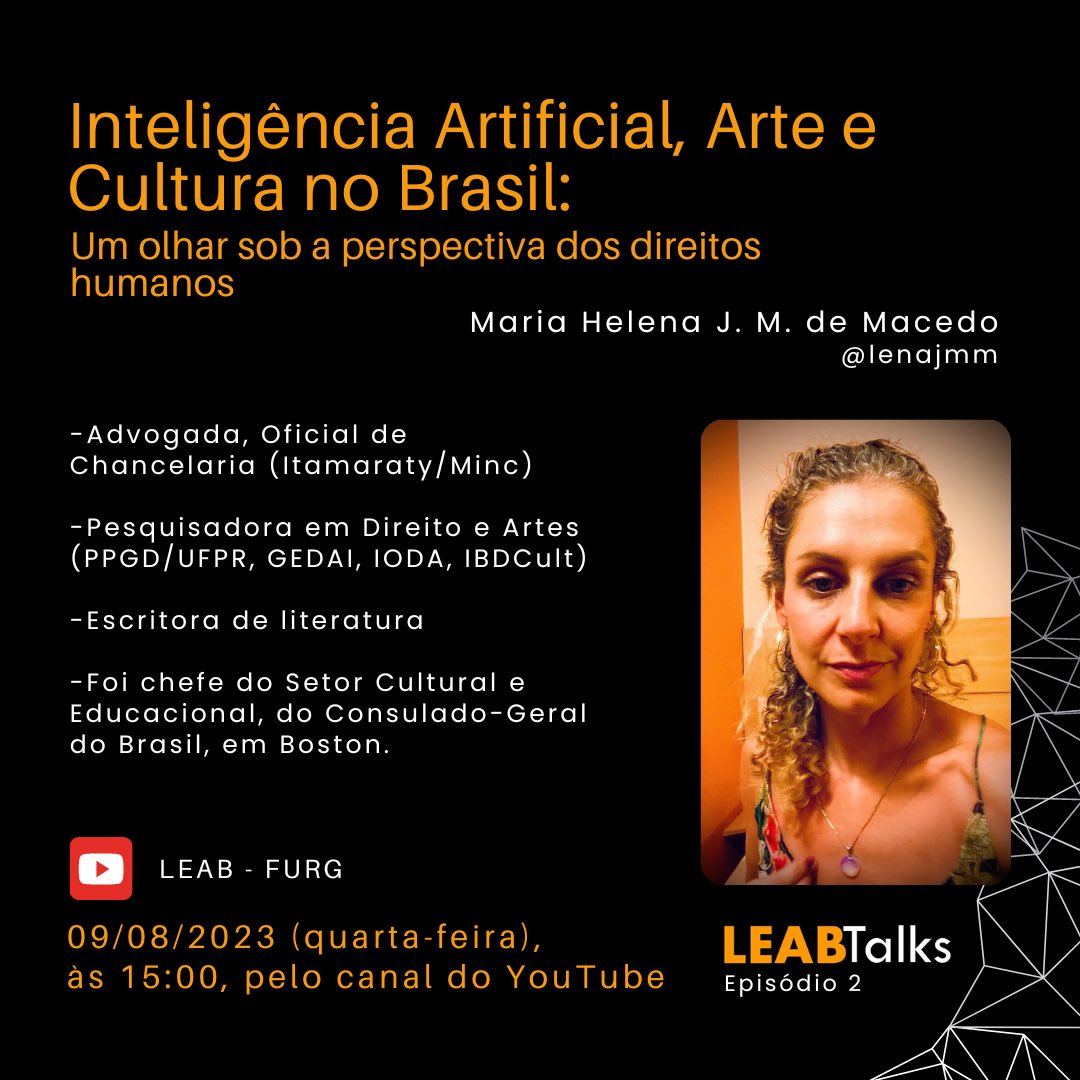 leab_furg's tweet photo. Contagem regressiva para o segundo episódio do LEABTalks! Dia 09/08, às 15h, direto no nosso canal do YouTube! Nossa convidada dará continuidade ao tema da Inteligência Artificial, atrelada a Arte e Cultura!

Não perca! https://t.co/tF18YGrNJI