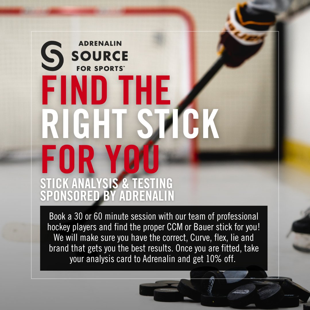 scorehockeyrng's tweet photo. FIND THE PERFECT STICK FOR YOU! Our STICK ANALYSIS &amp; TESTING sponsored by ADRENALIN is here to elevate your game to the next level! Book a 30 or 60-minute session NOW with our team of pro hockey players and find the perfect CCM or Bauer stick tailored just for YOU! https://t.co/NEQqnnm0ie
