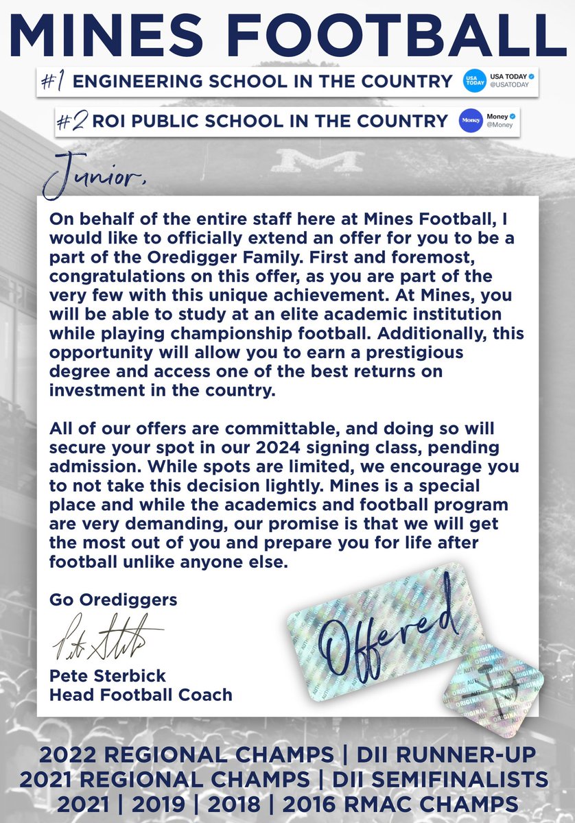 Official offer! Truly appreciate <a href="/coach_sterbick/">Pete Sterbick</a> <a href="/CoachDiedrick/">Ryan Diedrick</a> <a href="/coachTthomas6/">Tripp Thomas</a> <a href="/MinesFootball/">Mines Football</a>