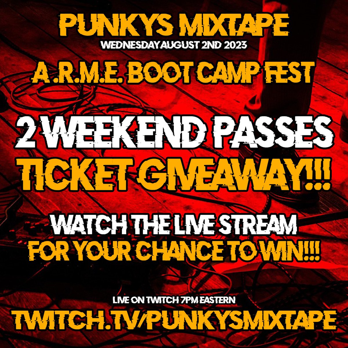 Tomorrow we're giving away a pair of Weekend Passes to the upcoming A.R.M.E. Boot Camp Festival happening this weekend Friday August 4th+ 5th!!!!

All you need is a Twitch account and to watch the show LIVE!!!

7pm Eastern
twitch.tv/punkysmixtape