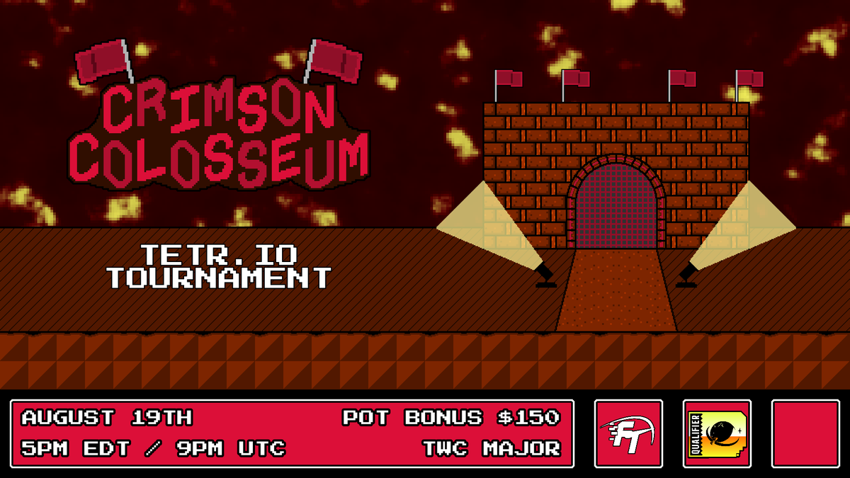 FullThrottleTet's tweet photo. Good evening, TETRIO gladiators! You have been invited to compete at the Crimson Colosseum! On August 19th at 5PM EDT, the world's fastest, strongest and smartest warriors will battle it out for fame and honor, as well as some TWC qualifier points! https://t.co/tmxwsIhE49