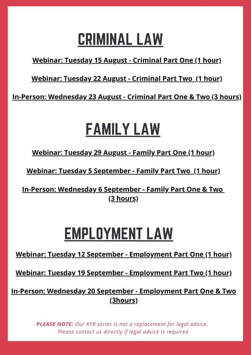 FREE legal education series- Know Your Rights!
All sessions are available both by webinar and in-person and will run from 15 August to 20 September 2023.

#Aucklandcommunitylawcentre #freewebinar #freeseminar #nzindian #criminallaw #familylaw #employmentlaw #KnowYourRights