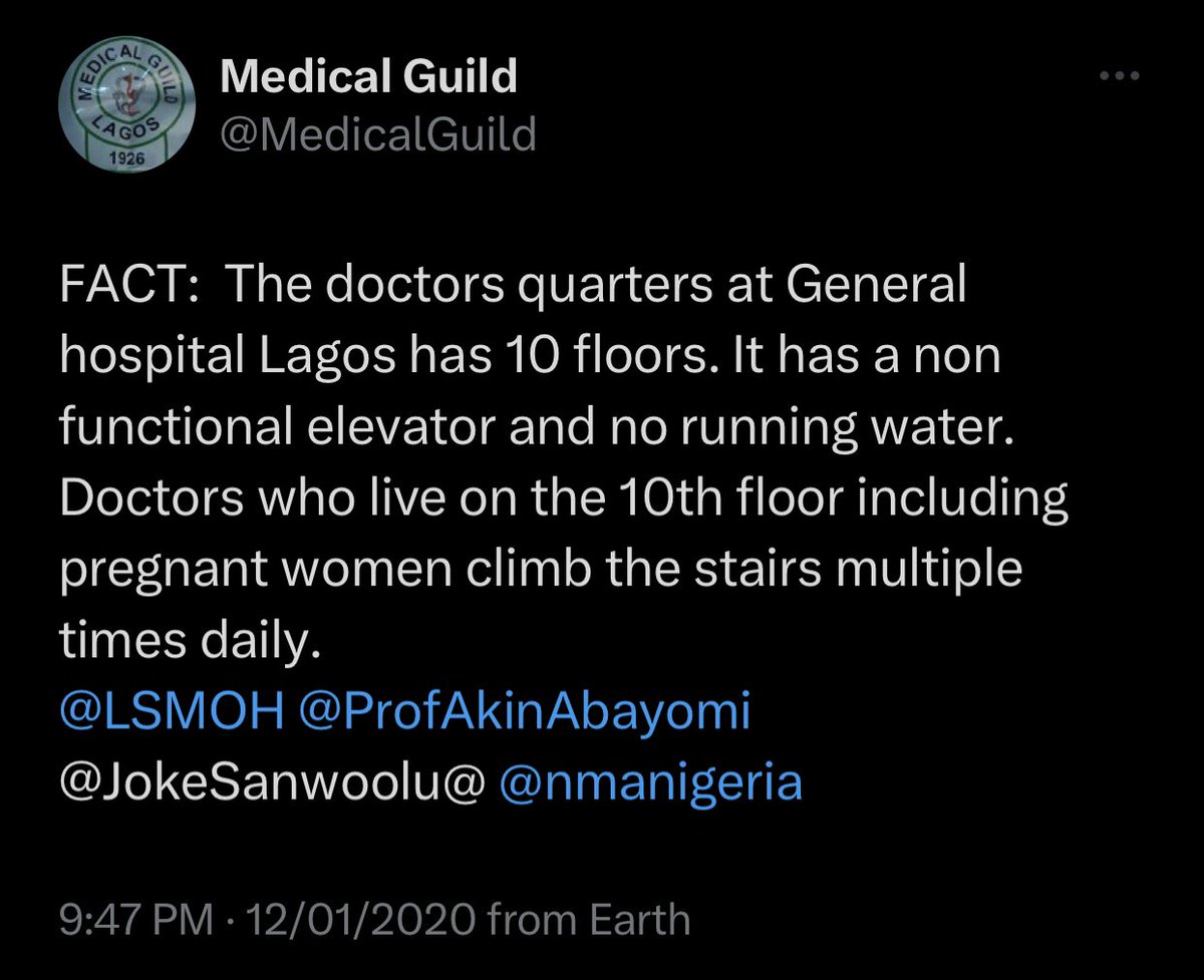 Sports_Doctor2's tweet photo. Almost 3 years ago on the 12th of January 2020, the Twitter handle @MedicalGuild complained about the poor state of the elevator in the 10-storey General Hospital building in Lagos, and as usual, nothing was done about it.

A General Hospital in a “Mega City” like Lagos has a non-functional elevator and it was left like that and now it has taken a life, a life of a young doctor 😩😩😩😩