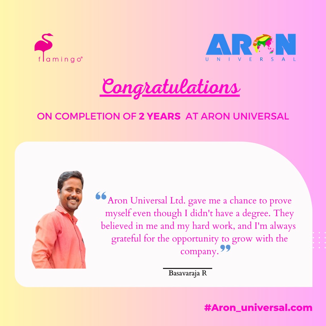 Mr. Basavaraja
We want to congratulate you for your 2nd anniversary with Aron Universal limited
Your knowledge, experience and great personality are continuously helping us achieve excellence every day. That’s why you are our Employee of the day 
#employeeoftheday
#aronuniversal
