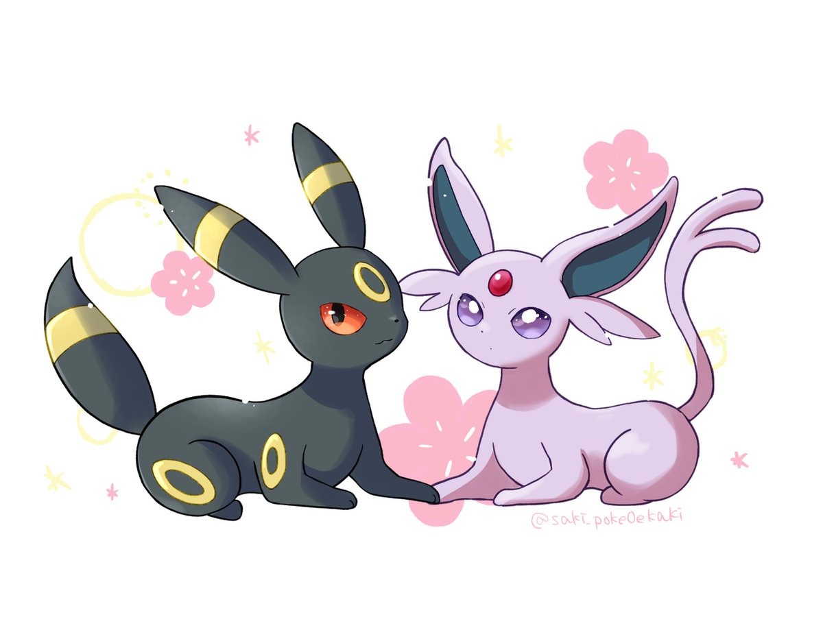 espeon ,umbreon pokemon (creature) no humans closed mouth purple eyes twitter username white background forehead jewel  illustration images