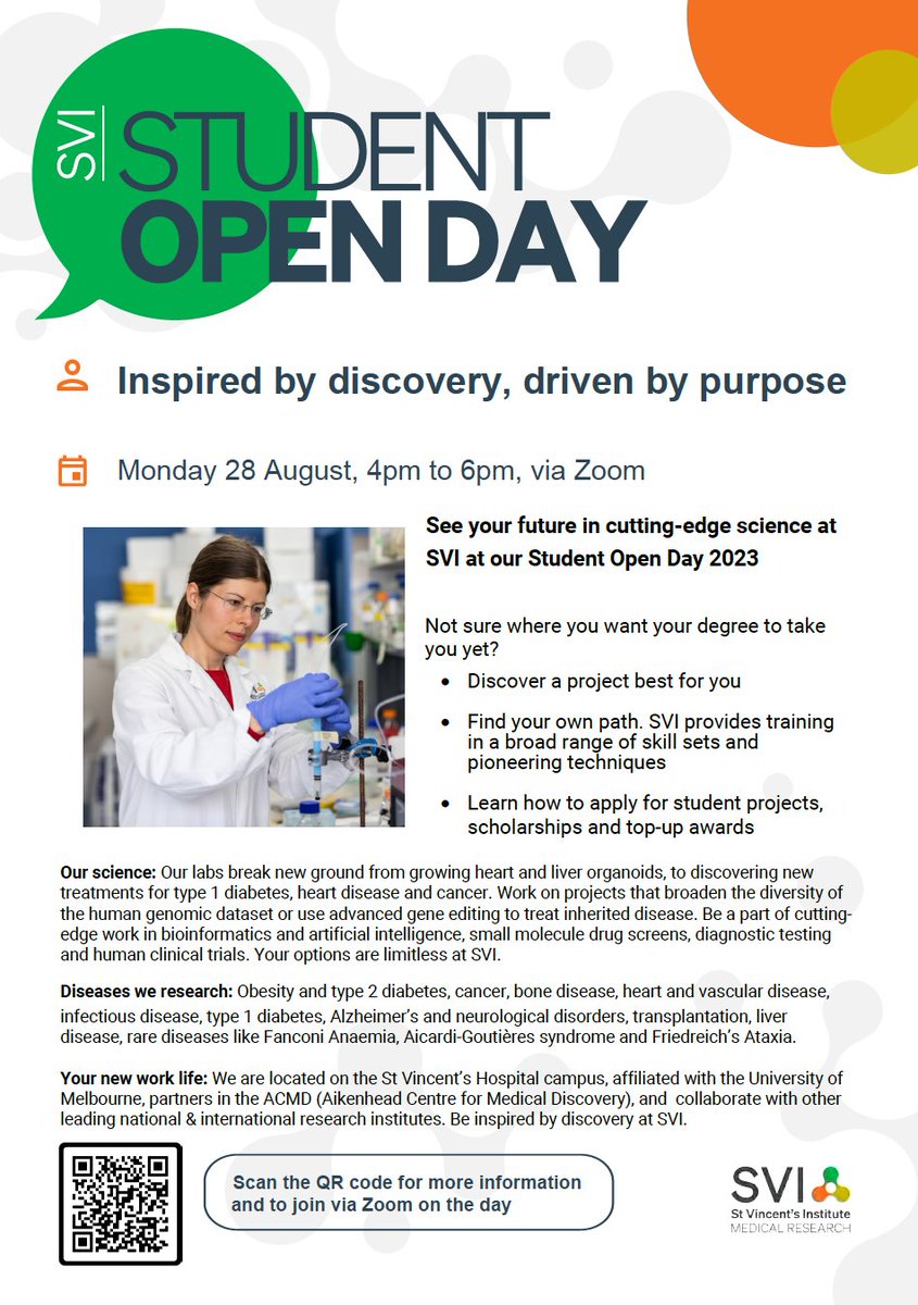 SVI's Student Open Day is back! If you are inspired by discovery, register today and join some of the world's greatest minds in science like <a href="/KimLoh_SVI/">Kim Loh</a> <a href="/purton_louise/">Prof Louise Purton</a> @ee_reh_neh <a href="/elaine_sanij/">A/Prof Elaine Sanij</a> <a href="/GenomeStability/">🔬Andrew Deans🇦🇺</a> <a href="/WCrismani/">Wayne Crismani</a> <a href="/jacki_hf/">Jacki Heraud-Farlow</a> <a href="/shiang_lim/">Shiang Lim (Max)</a> <a href="/JarmonLees/">Jarmon Lees</a>