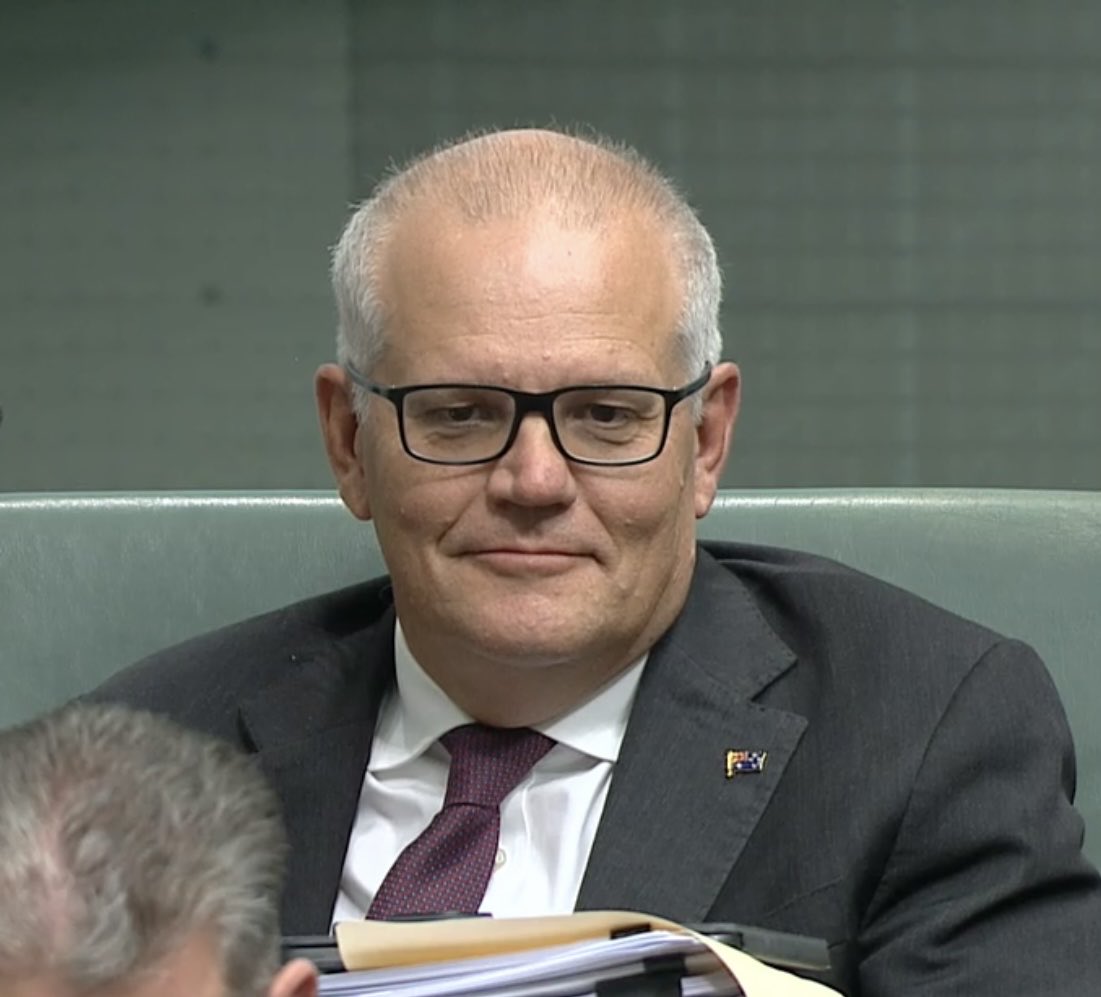 #AmandaRishworth. "None of us can forget when the former minister Tudge said," "We will find you we will track you down you'll have to repay those debts and you may end up in prison."
Morrison &amp; Hawke laugh as they share private joke about this. Morrison smirks contemptuously.