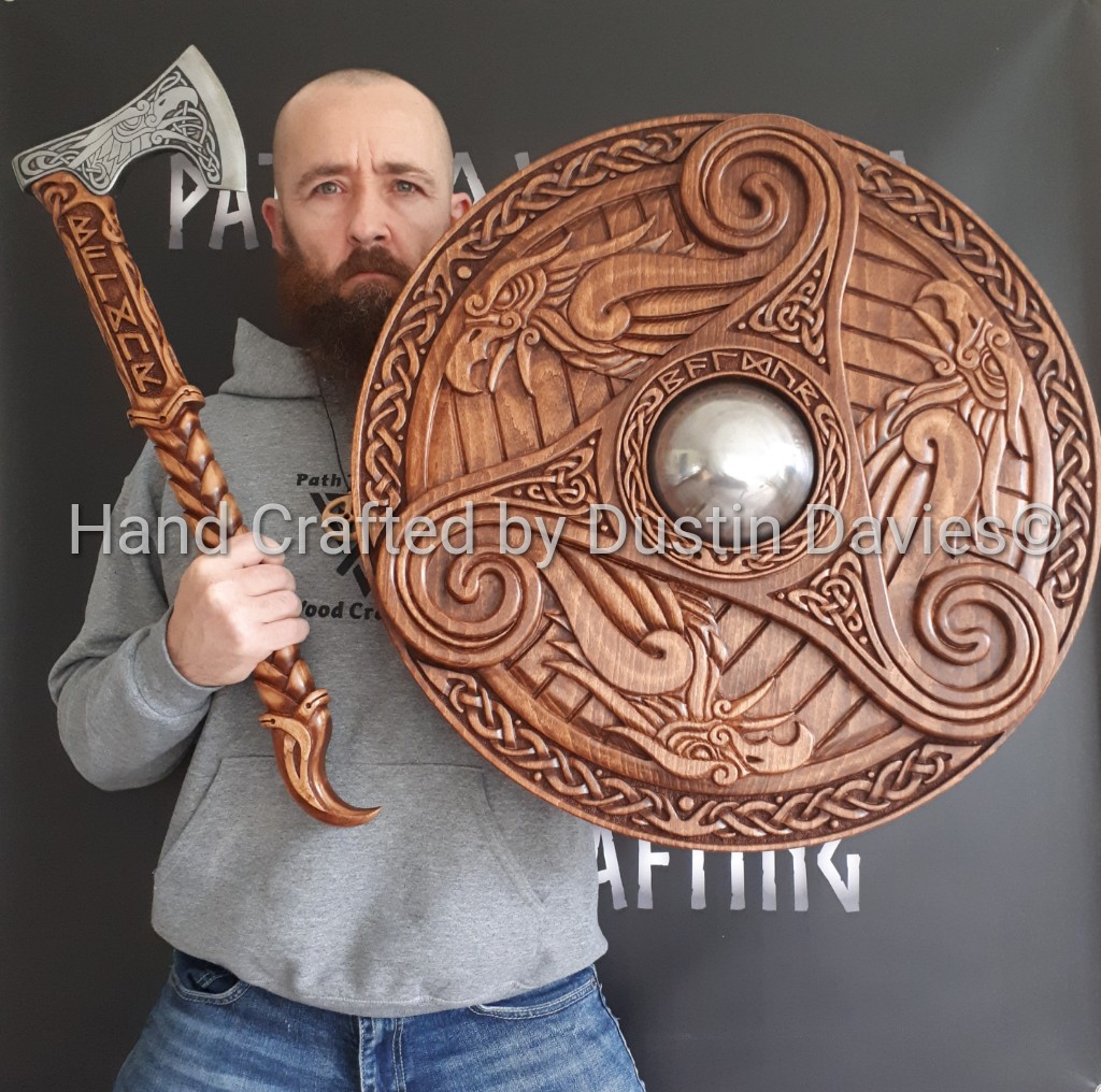DustinDavieswc's tweet photo. HandCrafted Golden Eagle of Baldur axe and shield set
Designed and Crafted by Dustin Davies.
#norse #norseaxe #norseshield #norseart #viking #vikingaxe #vikingshield #vikingart #vikings #pagan #paganart #norsepagan #handcrafted #smallbusiness #woodcrafter #woodworker #decor https://t.co/ByCfeaWt4B