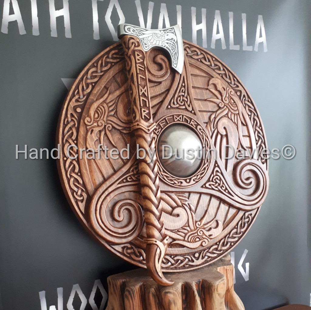 DustinDavieswc's tweet photo. HandCrafted Golden Eagle of Baldur axe and shield set
Designed and Crafted by Dustin Davies.
#norse #norseaxe #norseshield #norseart #viking #vikingaxe #vikingshield #vikingart #vikings #pagan #paganart #norsepagan #handcrafted #smallbusiness #woodcrafter #woodworker #decor https://t.co/ByCfeaWt4B