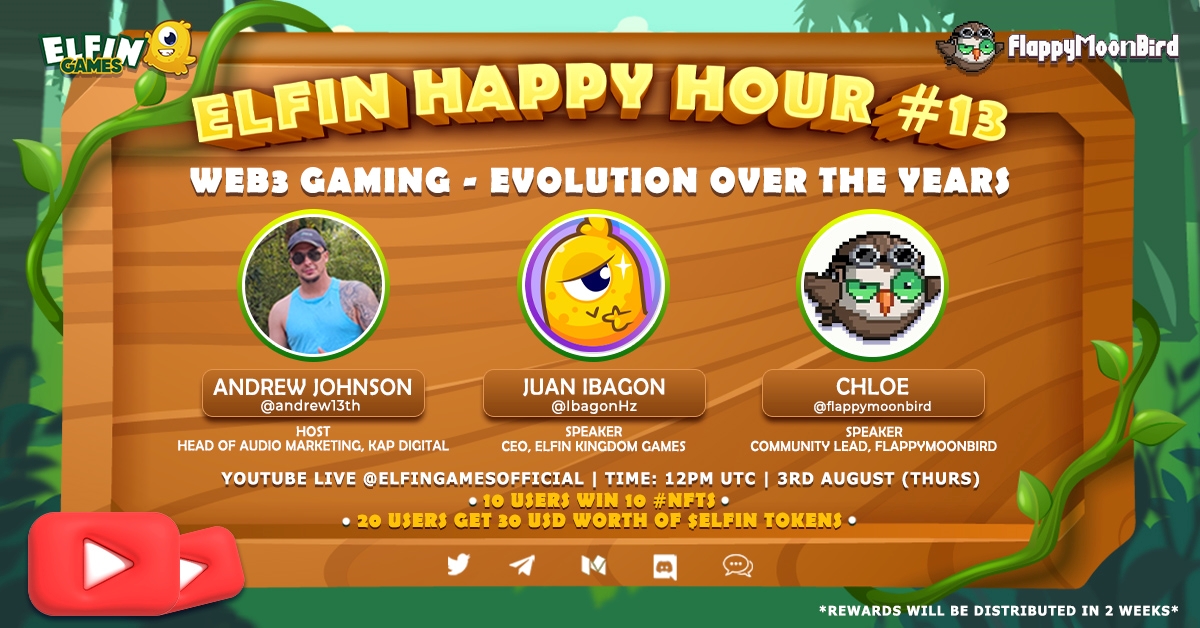ElfinGames's tweet photo. Join us for yet another #Elfin #HappyHour with Flappy Moobird! 🔥🚀

🗓 3rd August ⏰ Time: 12 PM UTC

Get insights on #Web3gaming evolution over the years, with more alpha from @IbagonHz, CEO of #ElfinKingdom, and Chloe, Community Lead from @flappymoonbird! 🌐

🏆 1 NFT each for 10 winners & $30 worth of $ELFIN for 20 selected winners!

Participate in tasks to win big! 👇
https://t.co/d9cu46EAjj

📢 Compulsory participation in #BinanceLive session by @yikesqq on 2nd August, 12 PM UTC, to win rewards. Don't miss it! 🎁

📍 https://t.co/JsqXLfCY1a

Join the Happy Hour on YouTube:
https://t.co/UlKqOgIRR3

See you there 💪