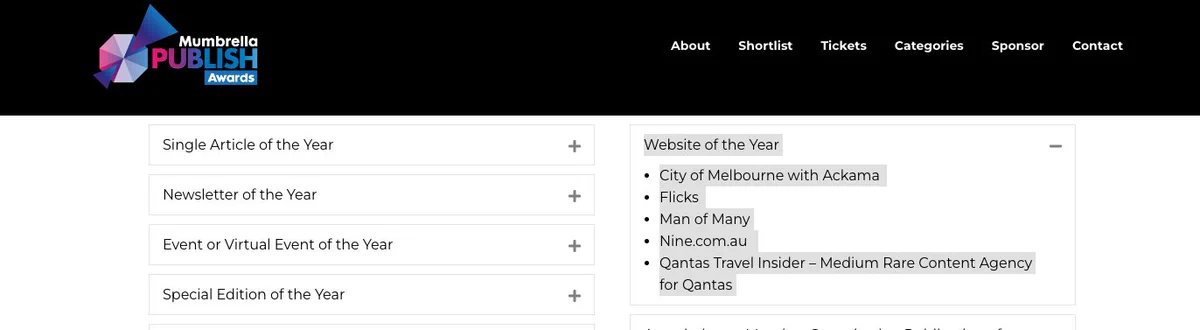 screenshot of awards entrants for our category