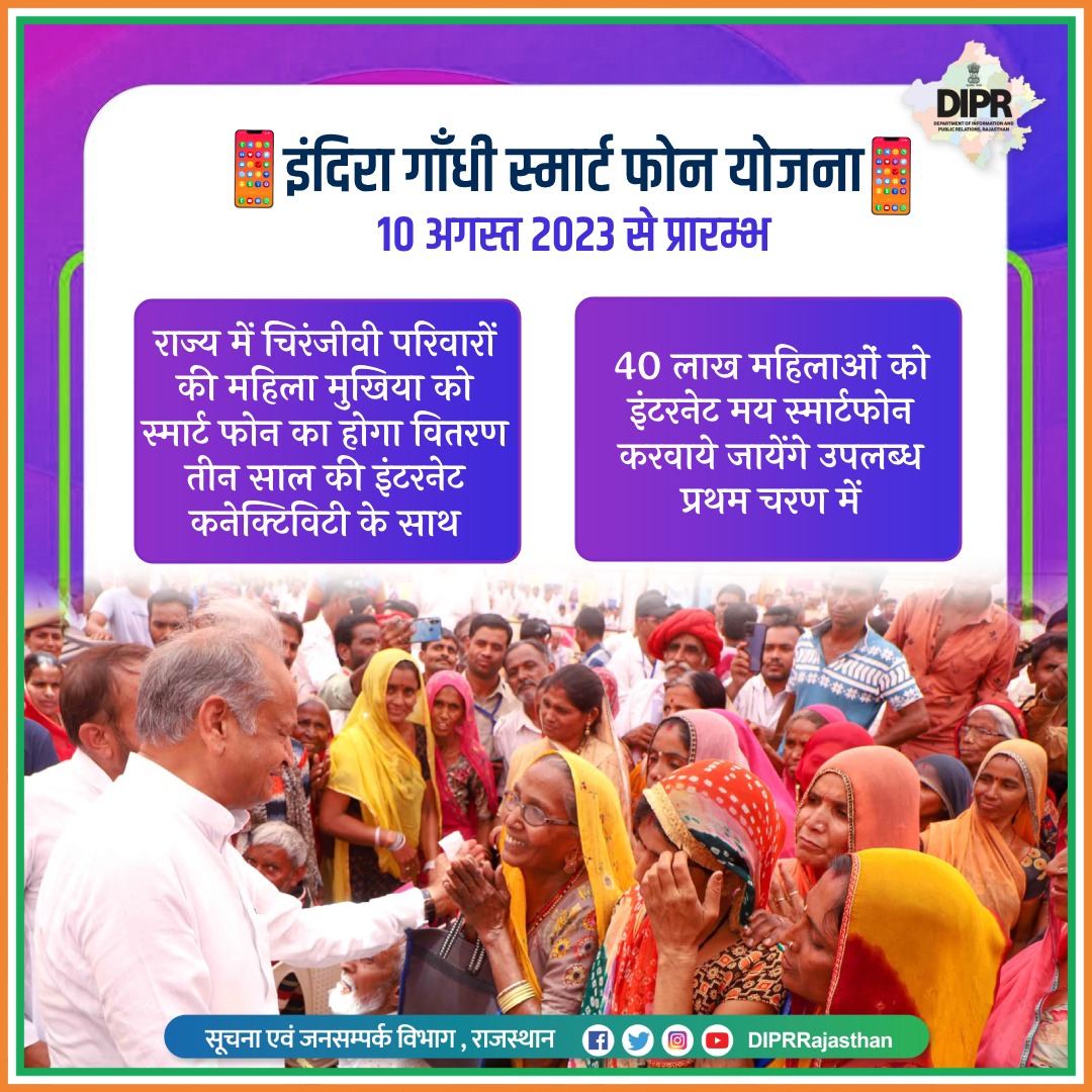 इंदिरा गाँधी स्मार्ट फोन योजना
10 अगस्त 2023 से प्रारम्भ

#मॉडल_स्टेट_राजस्थान 
#model_state_rajasthan 
#ModelStateRajasthan  

<a href="/ashokgehlot51/">Ashok Gehlot</a>
<a href="/AshokChandnaINC/">Ashok Chandna</a>
<a href="/RajGovOfficial/">Government of Rajasthan</a>
<a href="/RajCMO/">CMO Rajasthan</a>